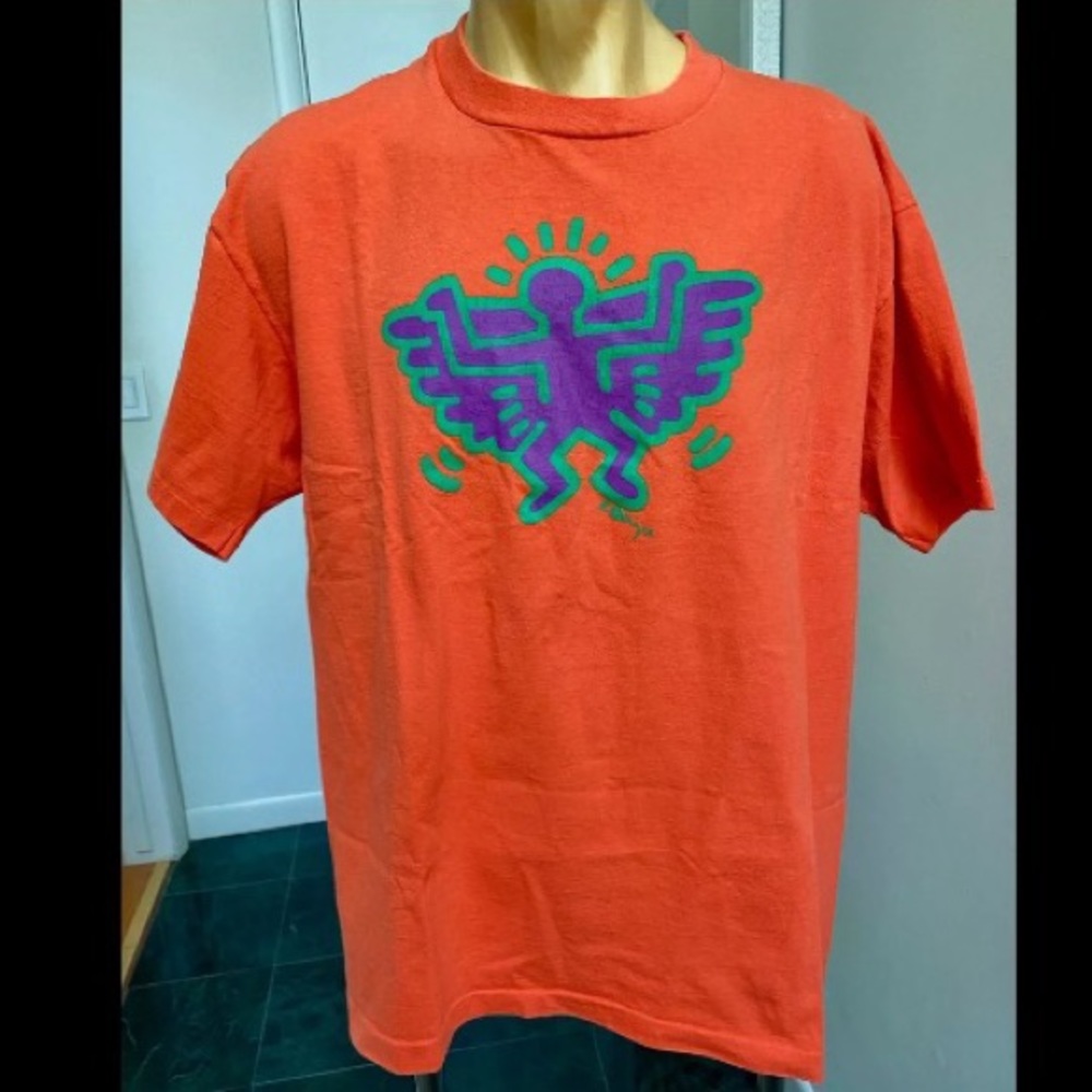VINTAGE 1980s KEITH HARING TSHIRT ORIGINAL POP SHOP NYC ORANGE ANGEL DEVIL XL